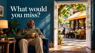 An older man sits at home beside an imagined doorway to a neighborhood café; text asks, “What would you miss?”