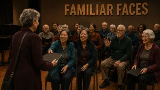 Familiar choir members welcome a returning singer into their regular rehearsal.