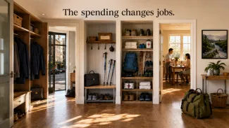 A home entry transitions from work attire and briefcases to healthcare supplies, walking gear, travel equipment, and social time.