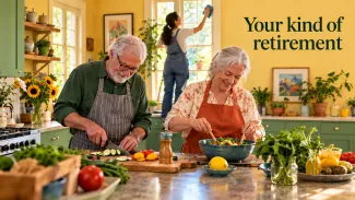An older couple prepares a meal in a sunny kitchen while a helper cleans a window; text reads “Your kind of retirement.”