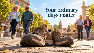 Worn walking shoes sit in a sunny square as older adults stroll behind them beneath “Your ordinary days matter.”