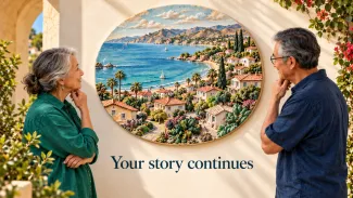 An older couple views a circular coastal community relief above the words “Your story continues.”