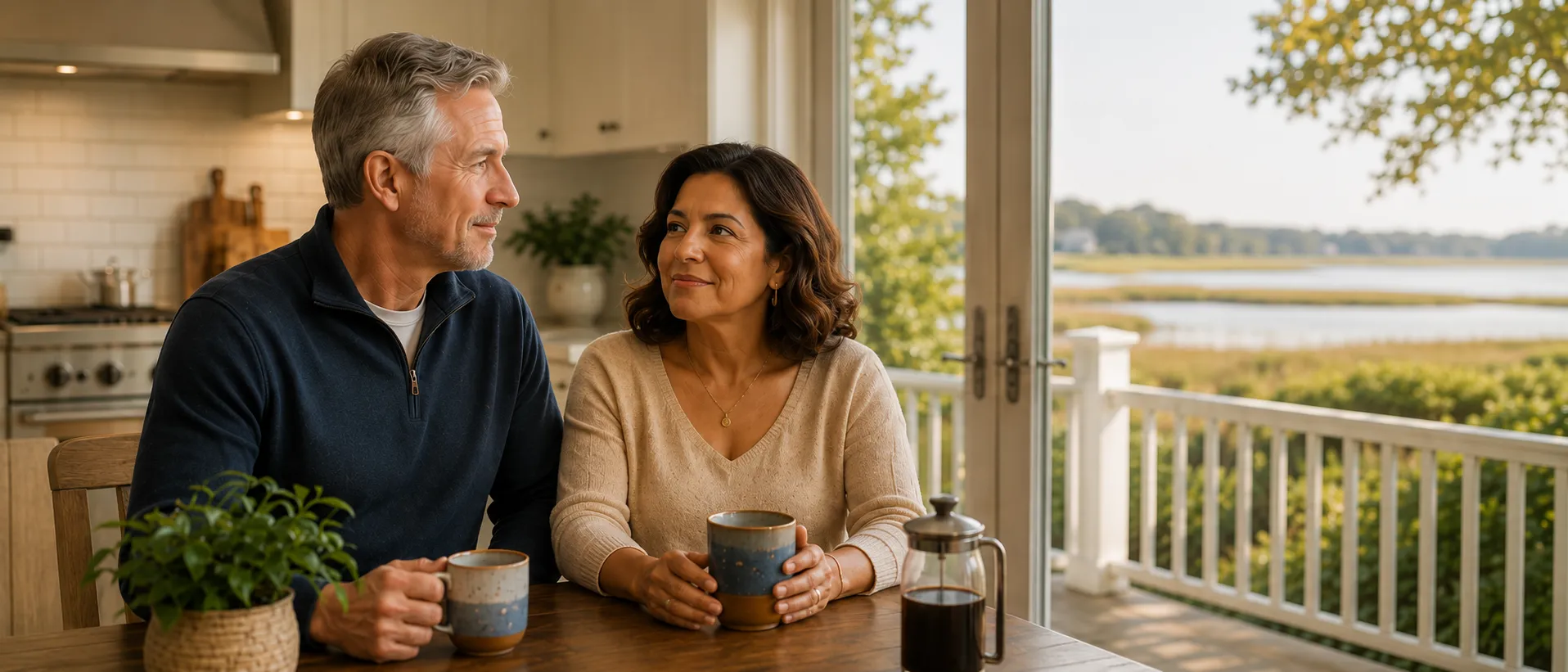 A married couple shares a quiet morning conversation in a warm coastal home, connecting retirement decisions to the life they are reviewing together.