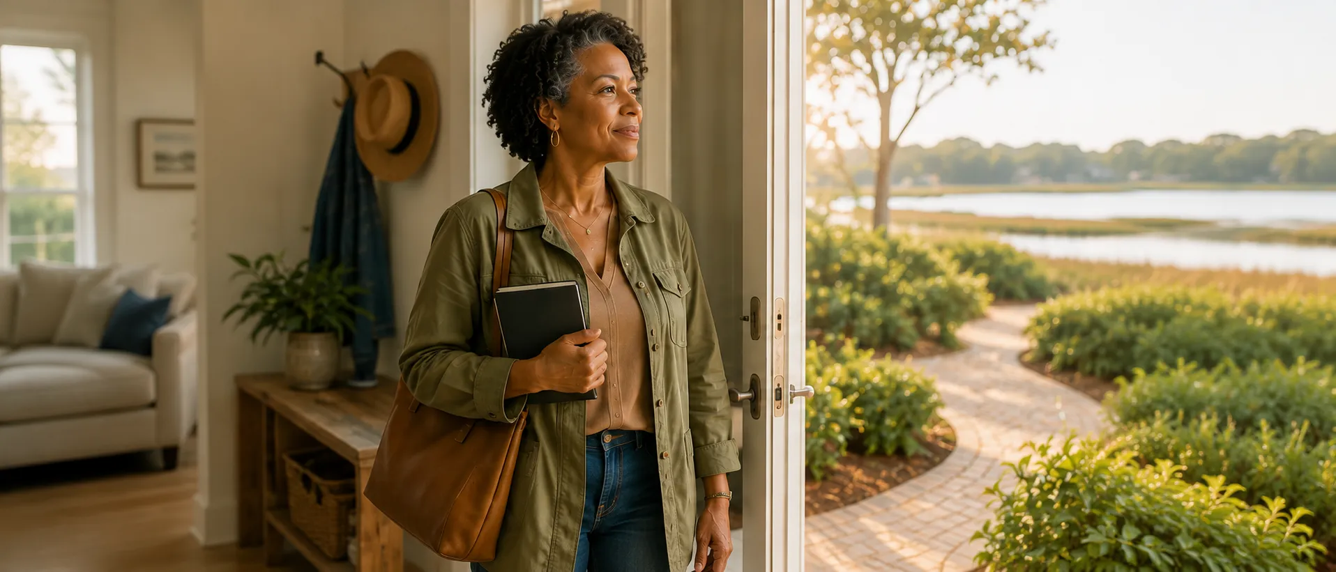 A single woman stands at an open doorway with a notebook and bag, showing steadiness and agency as she considers what comes next.