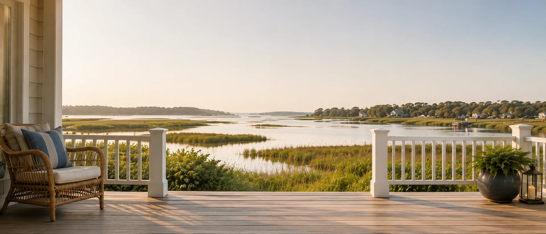 A wide coastal porch overlooks a calm marsh and water view, creating a steady place to think clearly about connected retirement decisions.