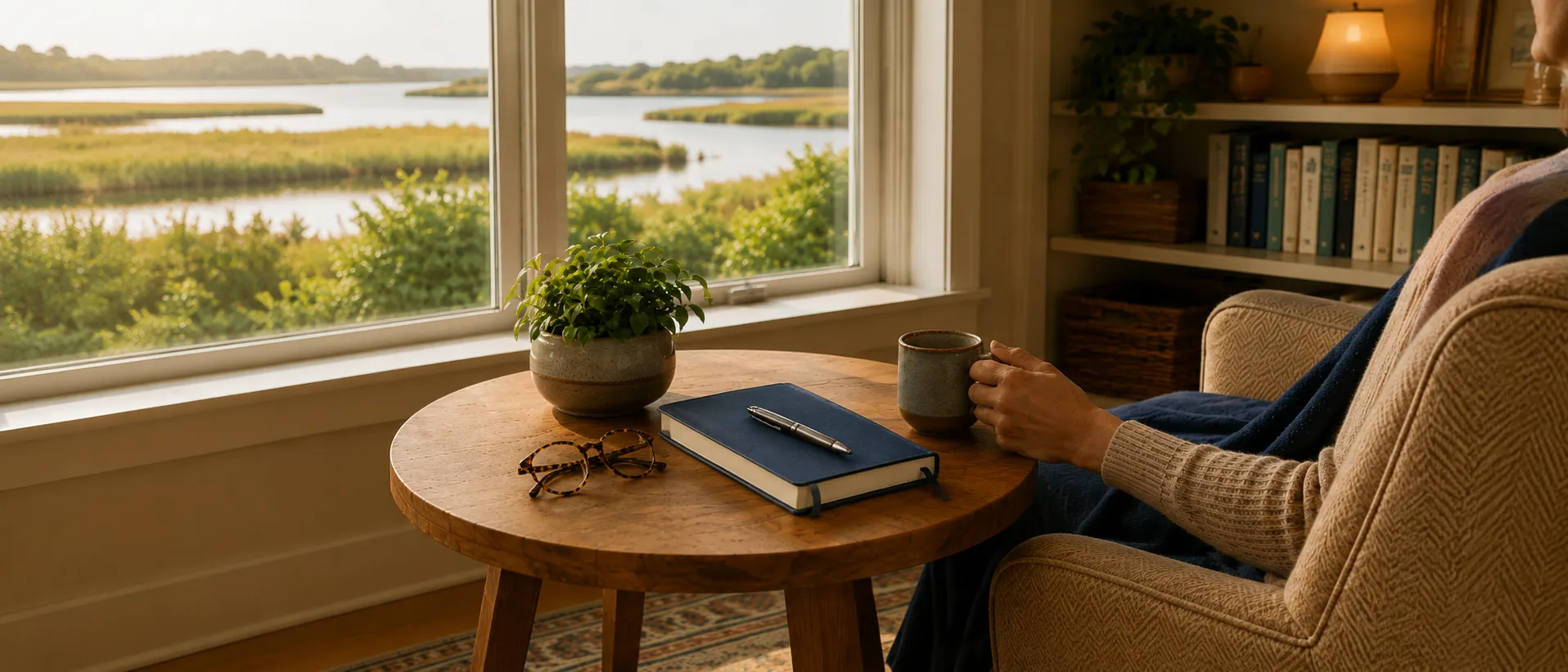 A woman’s left hand holds a mug beside a notebook, glasses, and plant, suggesting a quiet moment to think through a retirement question.
