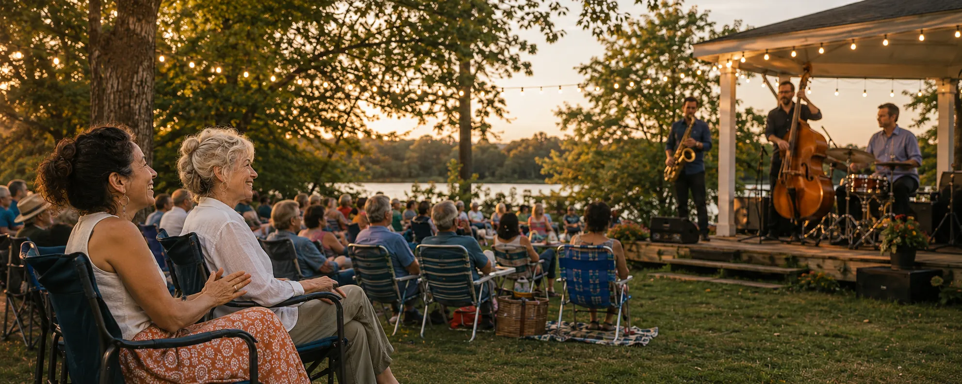 Two ladies at the park enjoying a jazz concert.